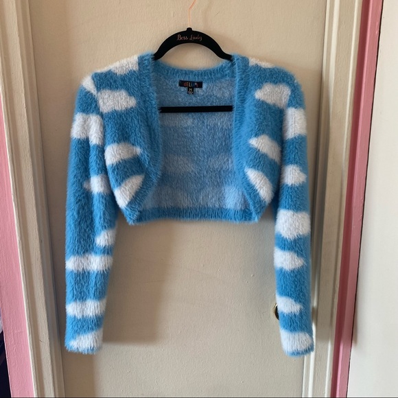 Dolls Kill Sweaters - Dolls Kill Delia’s Blue Clouds Faux Fur Crop Cardigan